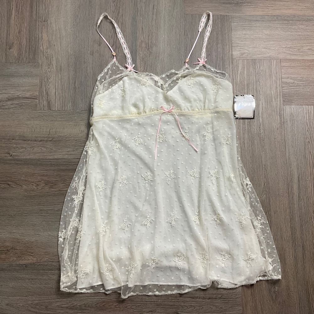 NWT Flora Babydoll Lingerie Womens XL Ivory Pink Bow Pure Love Lace Bridal Fairy
